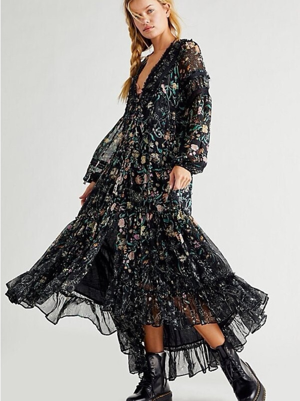 FREE PEOPLE Cassis Printed
Ruffles Flowy Chiffon Maxi Dress
